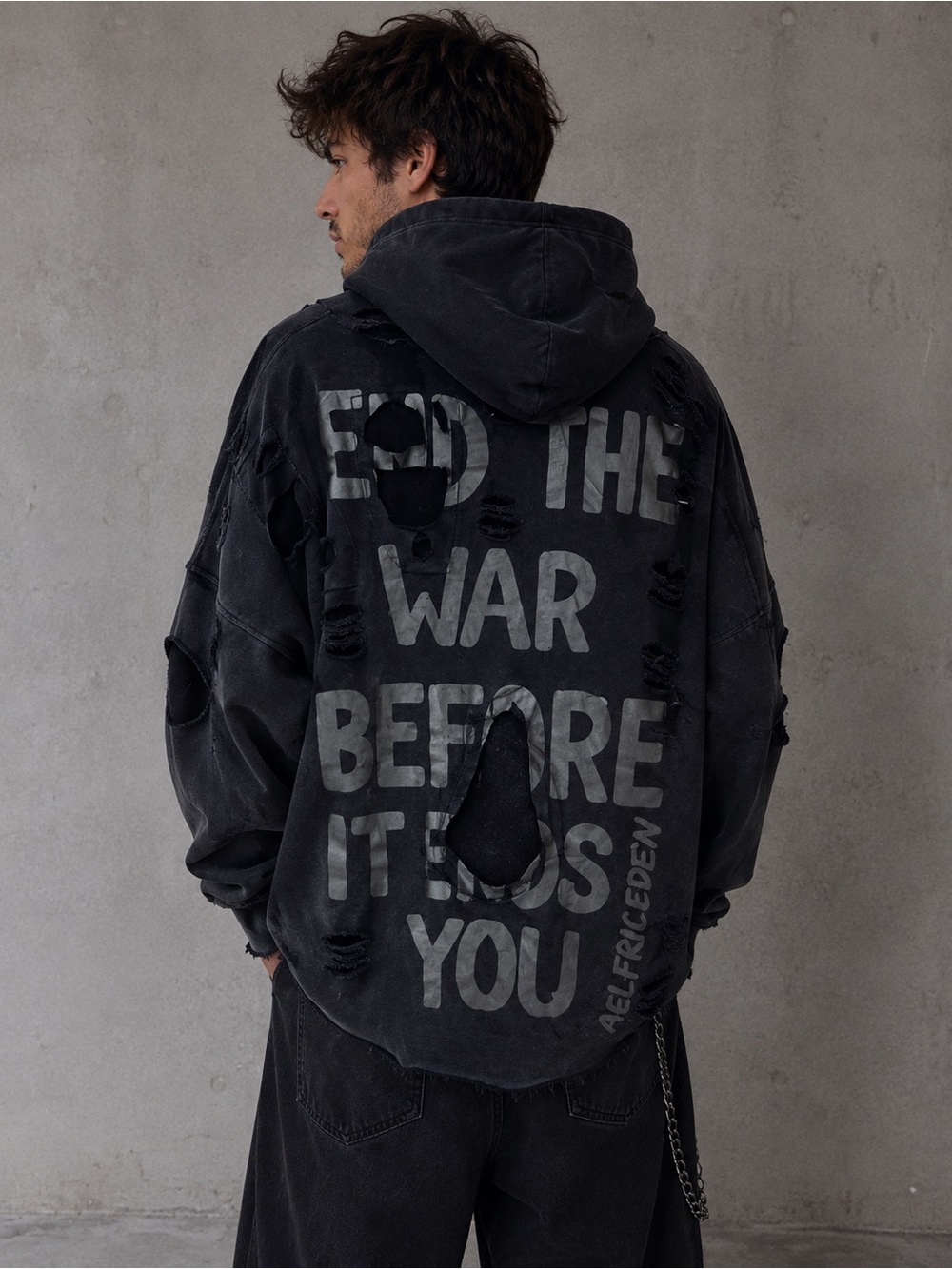 Aelfric Eden "End The War Before It Ends You" Distressed Black Hoodie Mens L